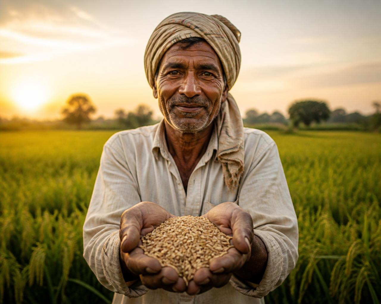 An Indian farmer offering a handful of freshly harvested crop in his field at soft golden light