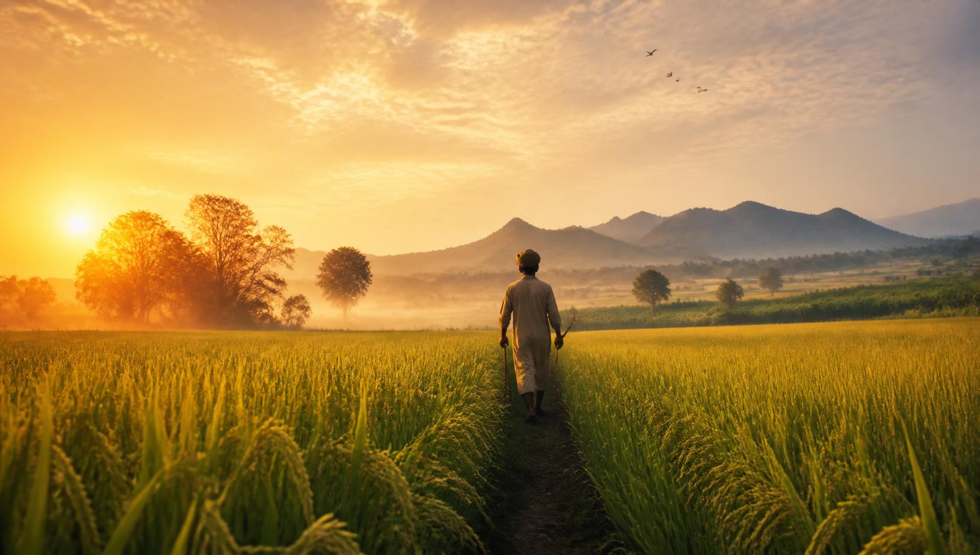 Indian farm at golden sunrise with a farmer walking between green fields