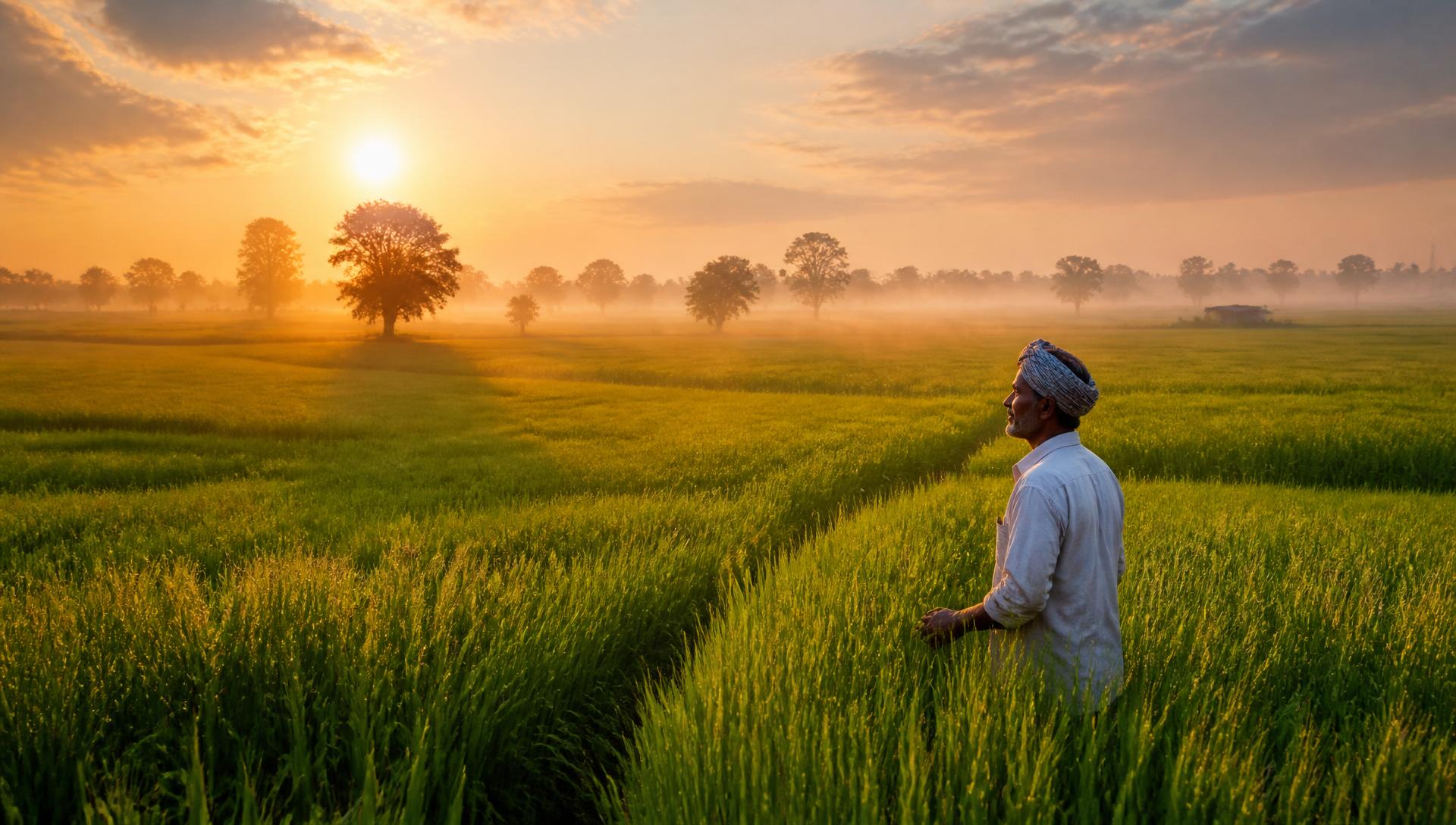 Farmer standing in a green field at sunrise, looking toward the horizon
